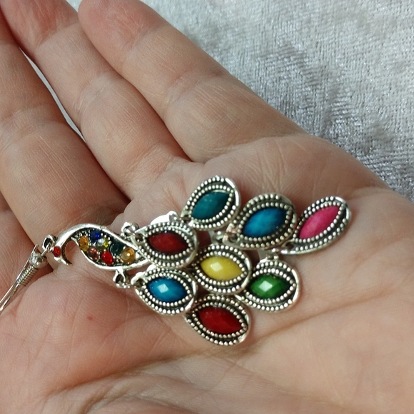 Earrings Peacock 3" Dangle Beaded with Color Rhinestones Lots of Fun Movement - Picture 5 of 6